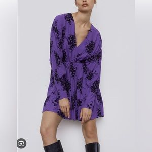 Zara Purple Black Printed Long Sleeve V-Neck Mini Dress